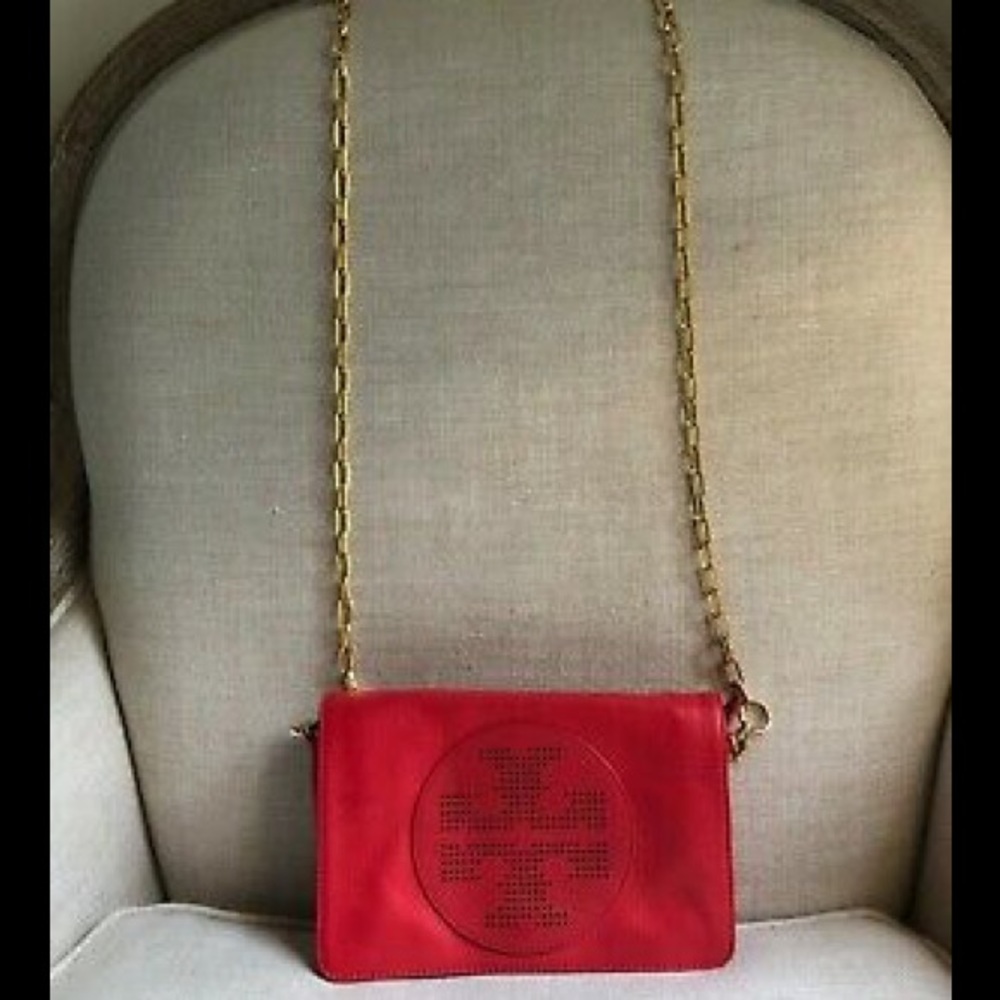 Tory Burch Kipp Crossbody Red Leather Logo Clutch